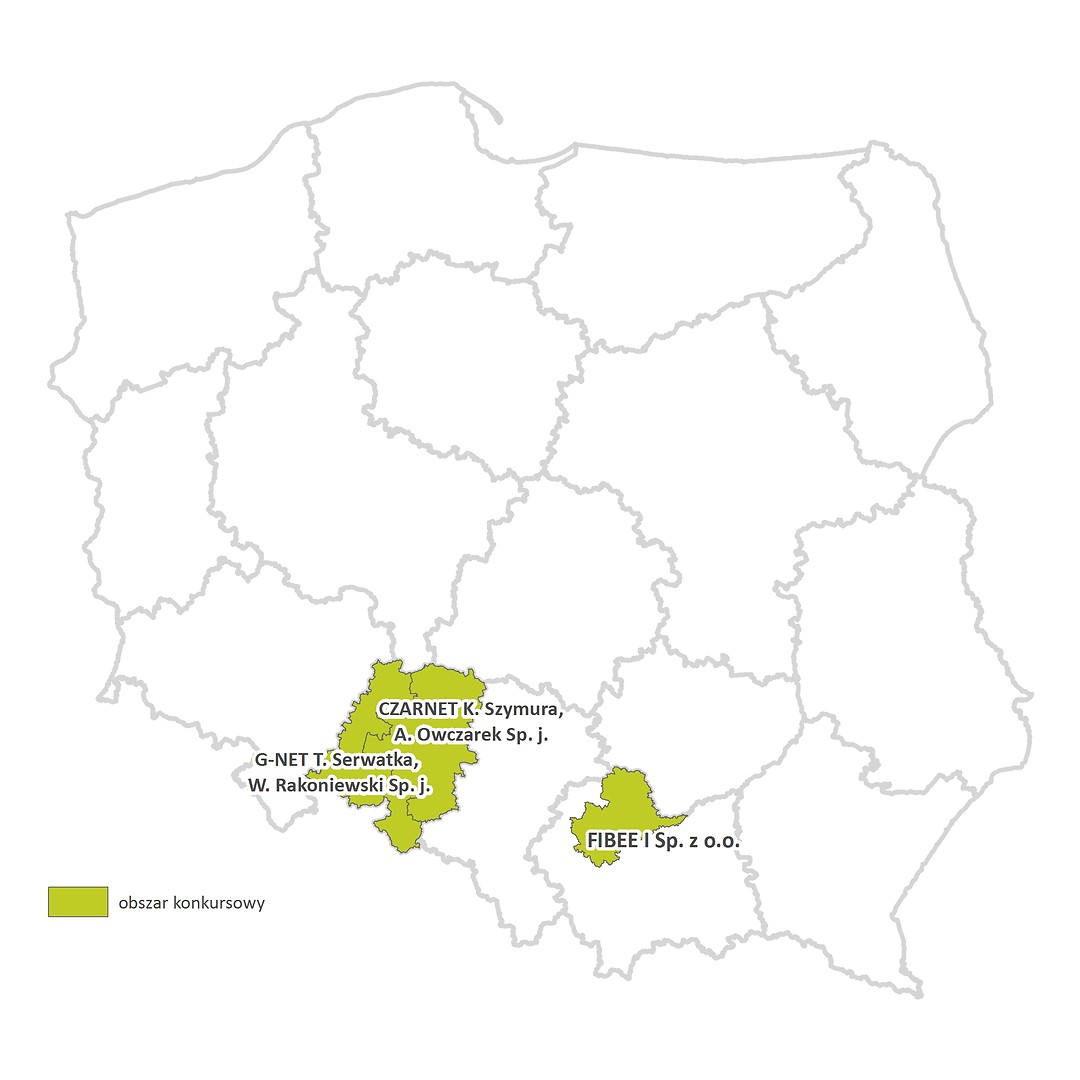Mapa Polski z zaznaczonymi dwoma obszarami konkursowymi oraz nazwami firm: Czarnet K. Szymura, A Owczarek Sp. j,; G-NET Serwatka, W Rakoniewski Sp.j.; FIBBE I Sp. z o.o.