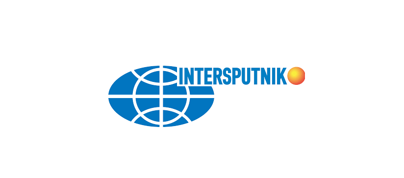106/5000 Logo of the Intersputnik organization with a symbolic representation of the globe and the inscription "Interspu