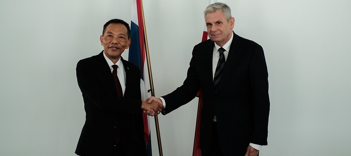 Two men in suits in front of the flags of Poland and Thailand
