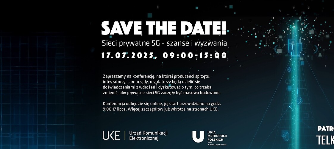 Grafika z masztem komórkowym z tekstem "zapraszamy na konferencję dot. sieci prywatnych 5G"