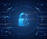 Grafika w odcieniach granatu i niebieskiego przedstawiająca otwartą kłódkę ...