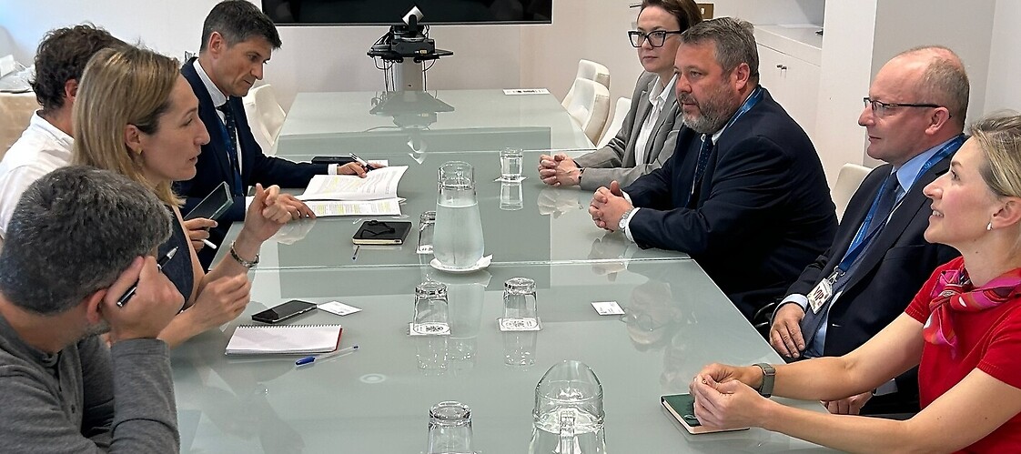 Grupa osób po obu stronach stołu konferencyjnego