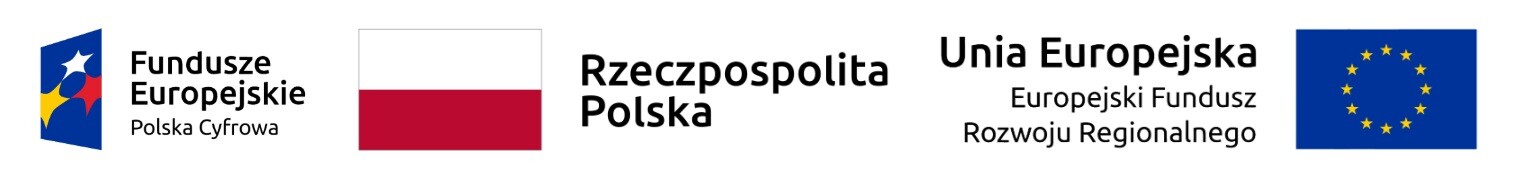 Belka z lofo Fundusze Europejskie Polska Cyfrowa, flagą Rzeczypospolitej Polskiej i flagą Unii Europejskiej
