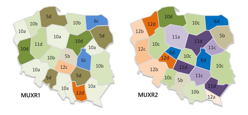 Grafika przedstawia dwie obok siebie zestawione mapy Polski z podziałem na regionalne obszary rezerwacji częstotliwości cyfrowego radia DAB+: Lewa mapa (MUXR1): Pokazuje podział kraju na kilkanaście obszarów oznaczonych m.in. symbolami 5b, 5d, 6c, 10a, 10b, 10d, 11d, 12c, 12d, wyróżnionych różnymi kolorami (odcieniami zieleni, brązu, niebieskiego i pomarańczowego). Prawa mapa (MUXR2): Przedstawia alternatywny podział częstotliwości dla MUXR2 z oznaczeniami kanałów m.in. 5b, 6d, 10b, 10c, 10d, 11a, 11c, 11d, 12a, 12b, 12c, 12d, również wyróżnionymi wieloma odcieniami fioletu, zieleni, niebieskiego i pomarańczowego.