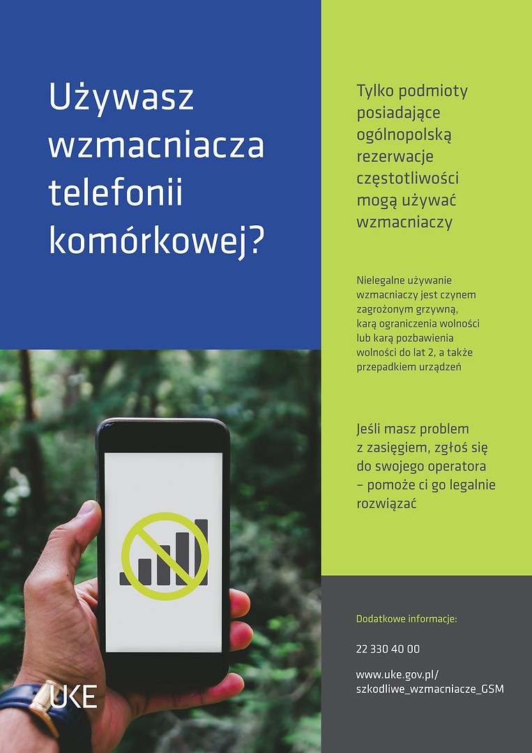 Plakat informujący o nielegalnym używaniu wzmacniaczy GSM